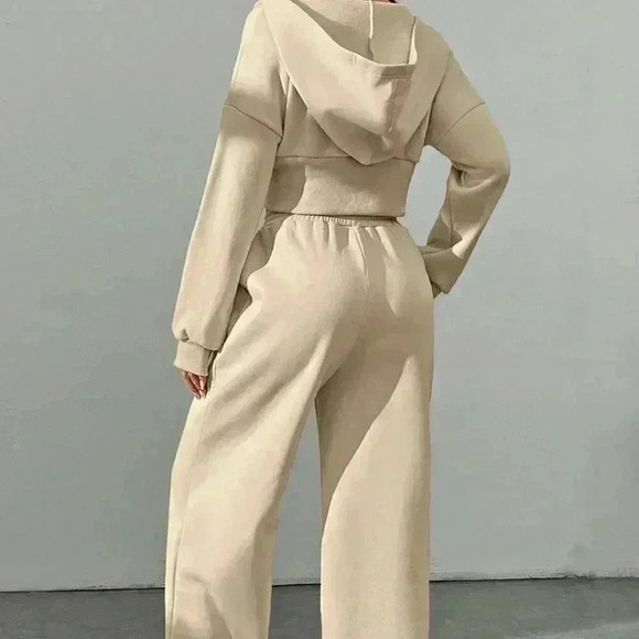 Khaki Casual Women's Zipper Front Hoodie And Pants Set - Picture 3 of 7